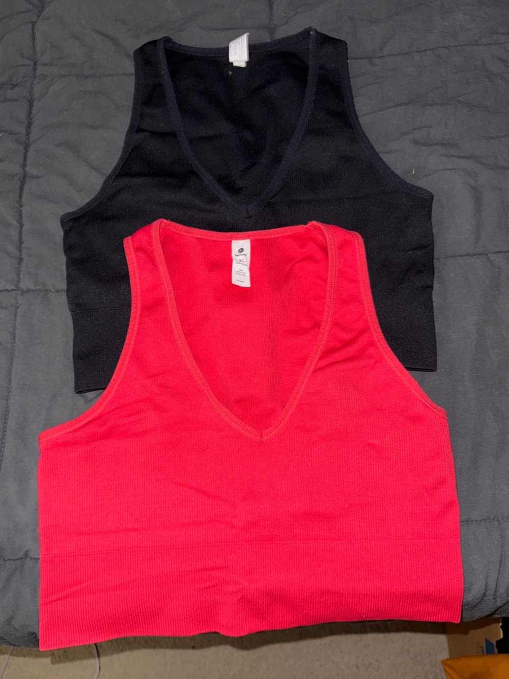 Set of 2- 90 Degree By Reflex Red and Black Ribbed V-Neck Crop Tops
